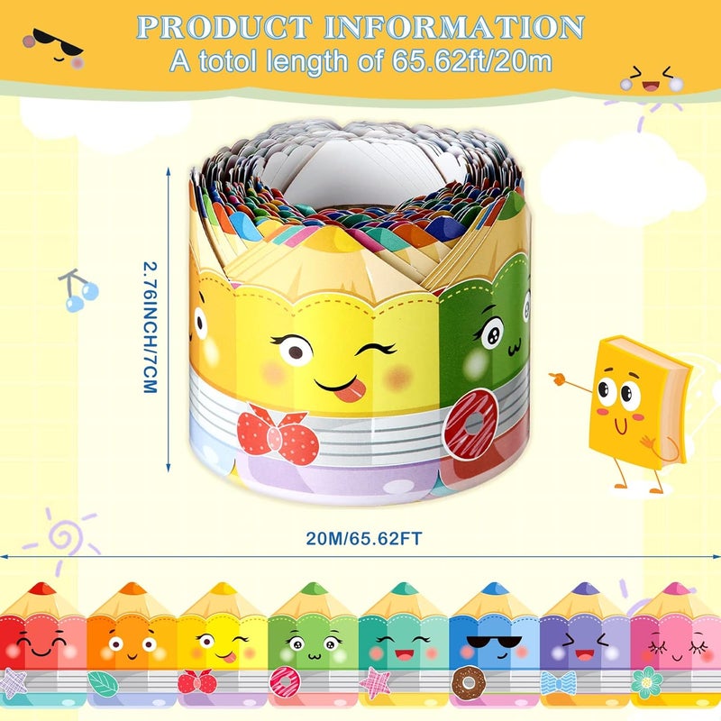 Eersida 65.6 ft Colorful Pencil Bulletin Board Borders With Cute Faces - Border Trim Paper Cutouts for Classroom Decorations, Preschool, Daycare, Kindergarten, Chalkboard, Desks, Windows - Image 2